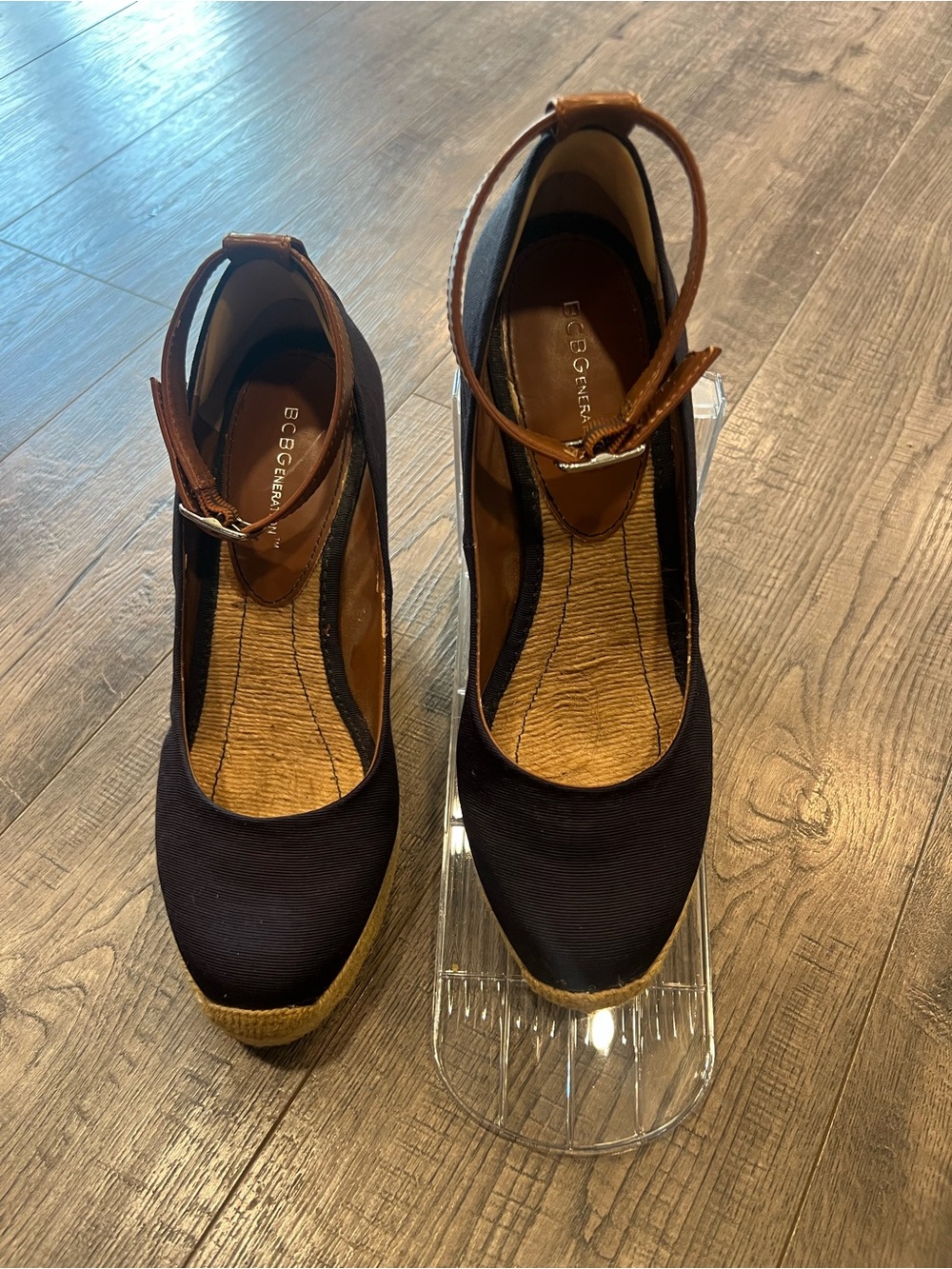 BCBGeneration Navy Canvas Wedges with Brown Ankle Straps